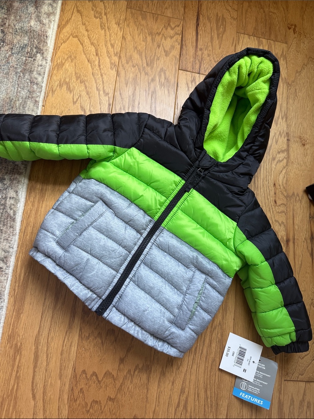 NWT Toddler Green Black Gray Colorblock Puffer Jacket, 18M